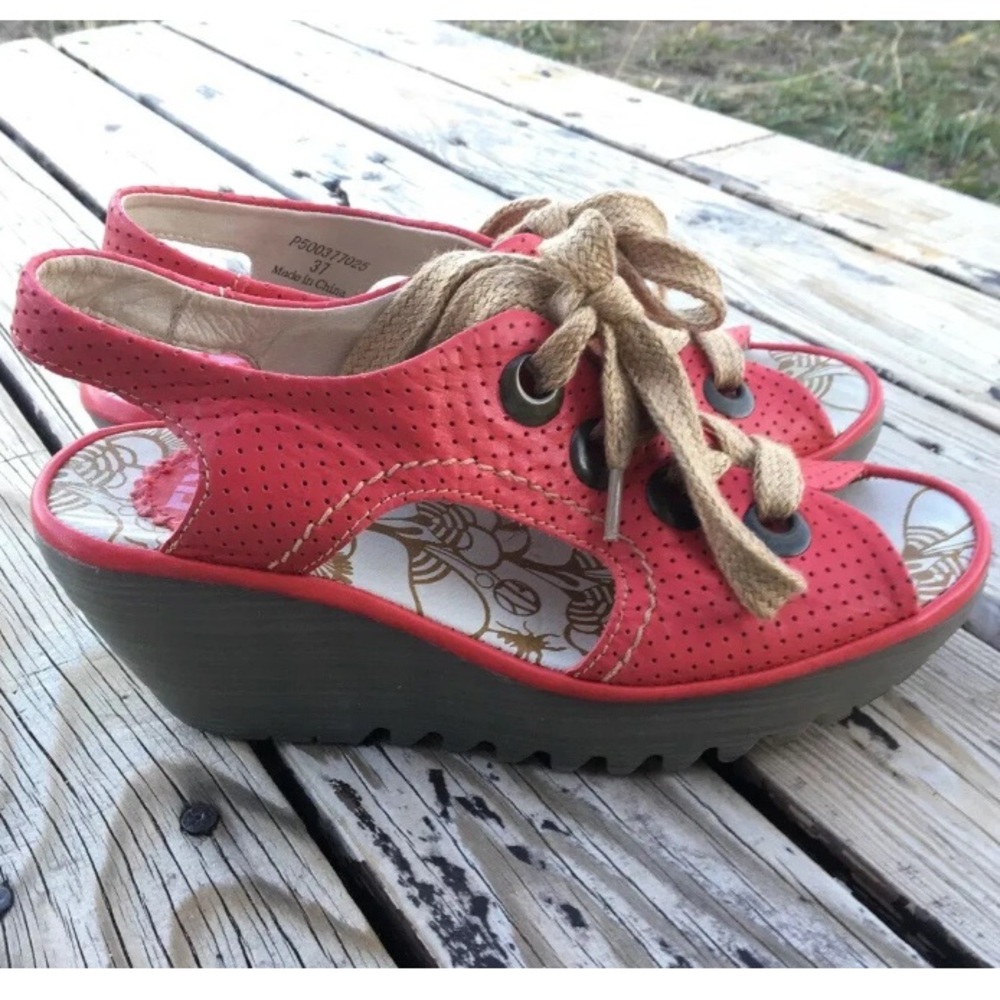 Fly London Yaba Wedge Red Wedge Sandals Size 37 EUR 6.5-7 US